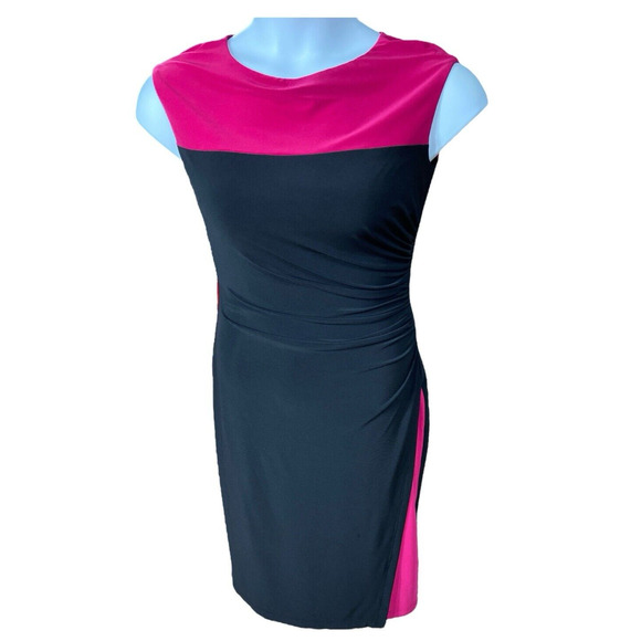 CHAPS Colorblock Dress Stretchy Ruched Side Small Fuchsia Black - Picture 8 of 8